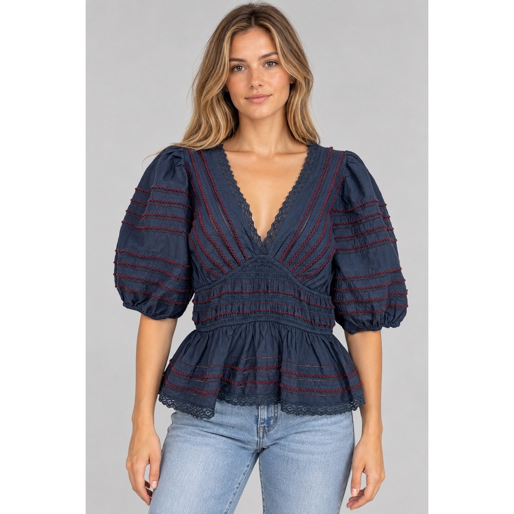 Sea New York Mable Puff Sleeve Top Womens M Blue Smocked Peplum Boho Coquette